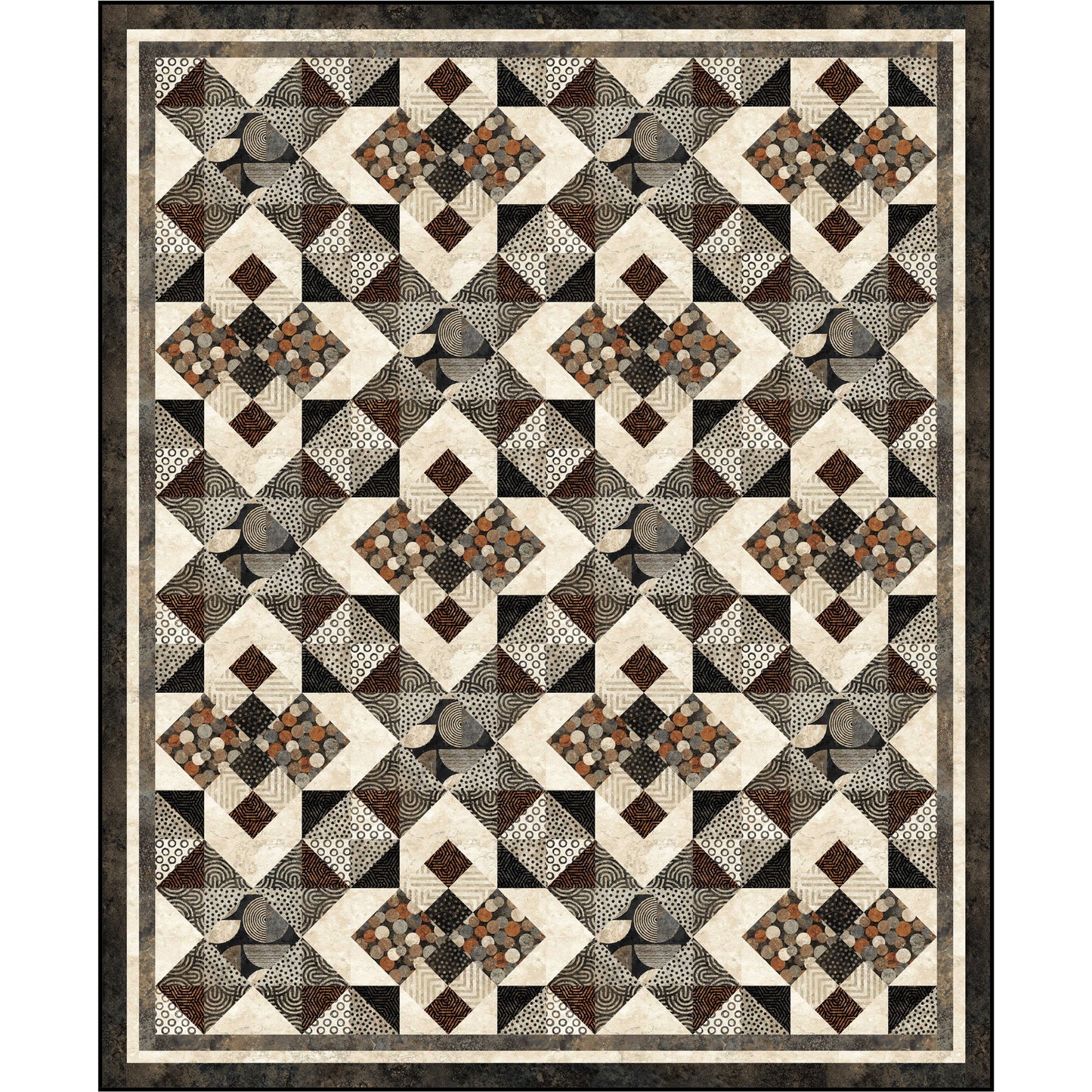 A quilt pattern displaying a harmonious blend of brown and black colored fabric with different textures.