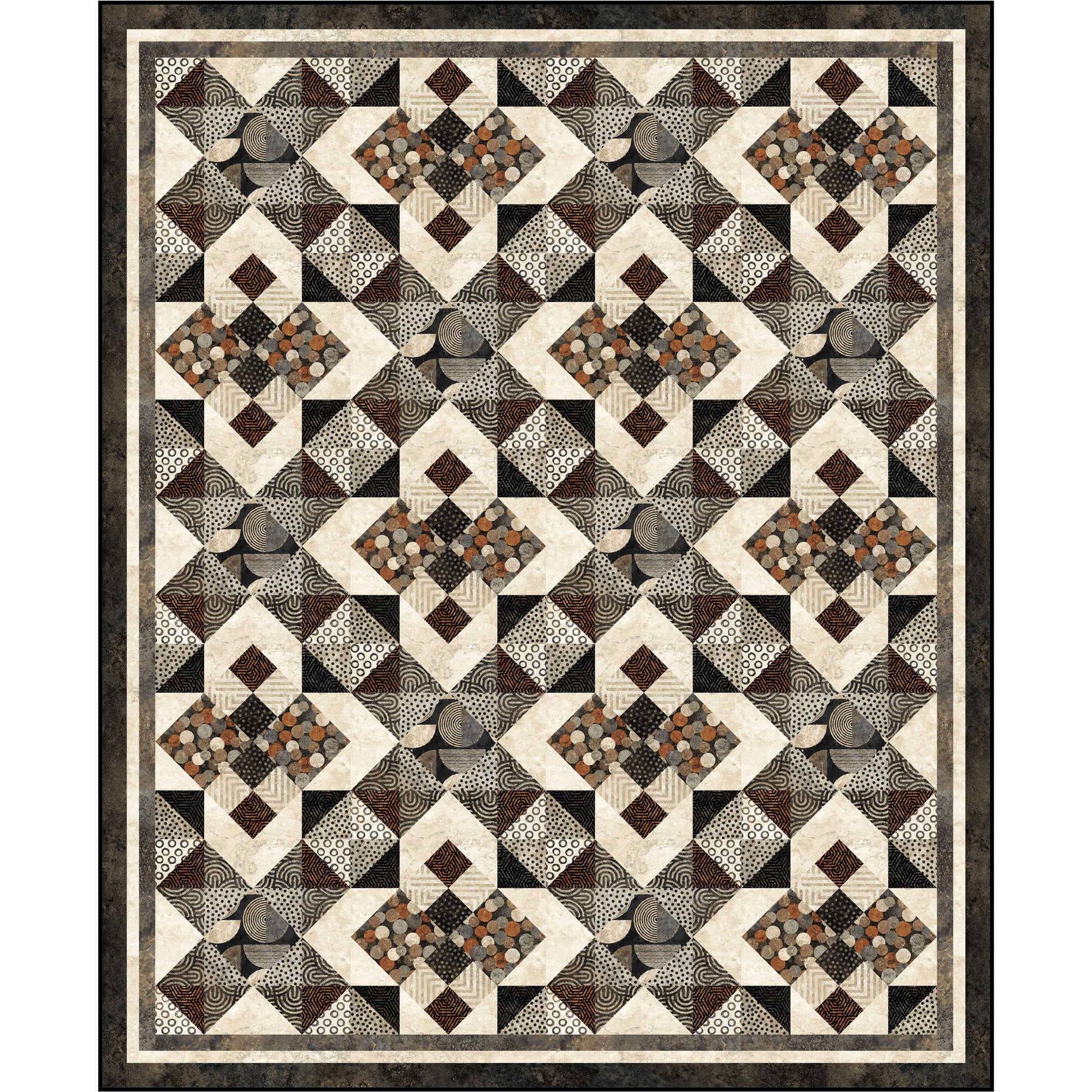 A quilt pattern displaying a harmonious blend of brown and black colored fabric with different textures.