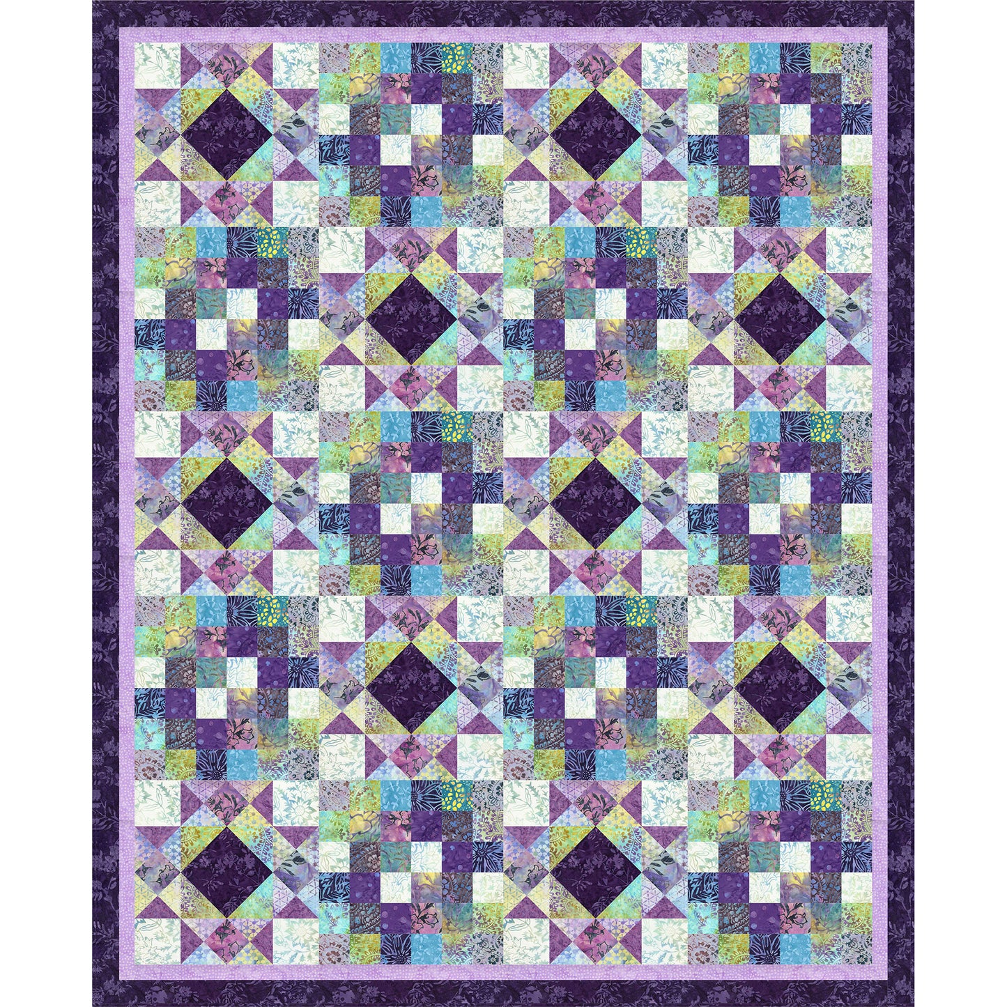 Very intricate quilt features small blocks with diamonds and other designs in purple, green and cream fabric.