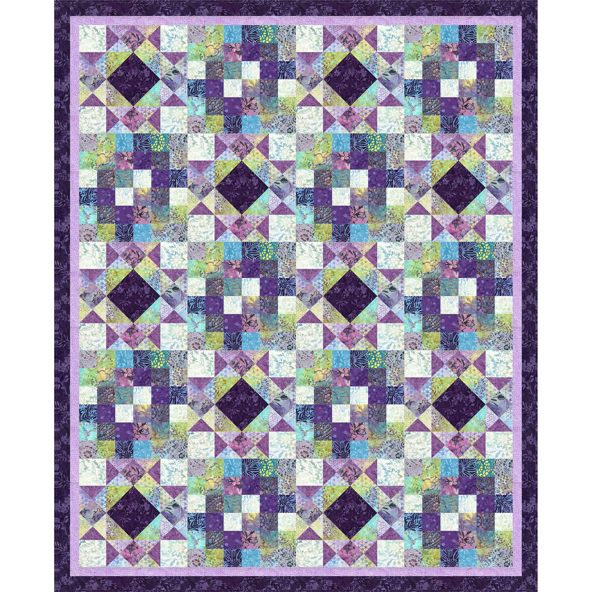 Very intricate quilt features small blocks with diamonds and other designs in purple, green and cream fabric.