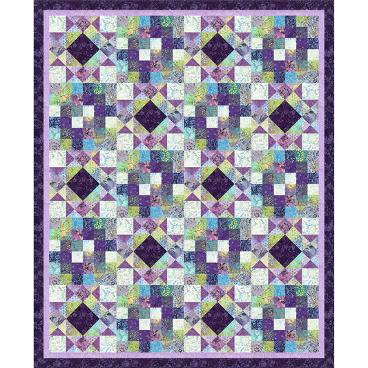 Very intricate quilt features small blocks with diamonds and other designs in purple, green and cream fabric.