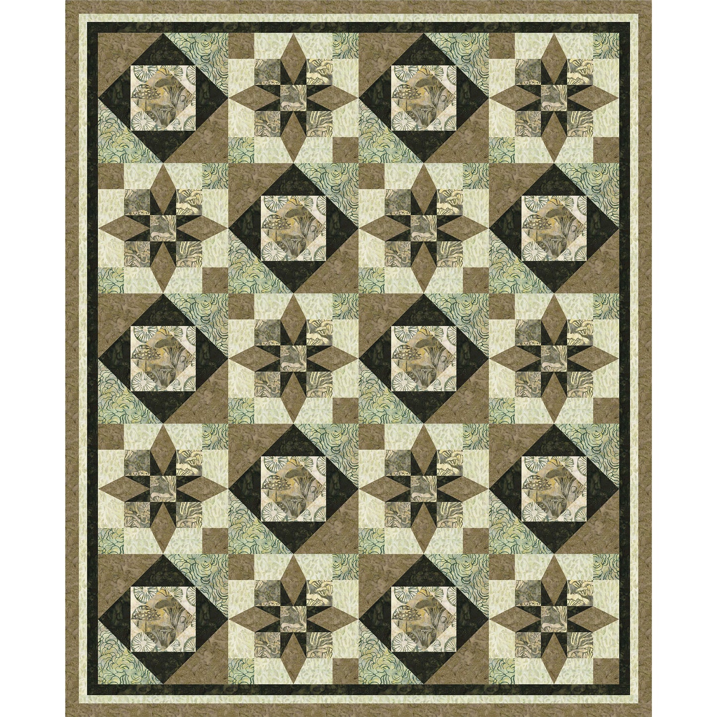 A uniquely striking quilt using two star designs together in a block shown in shades of brown.