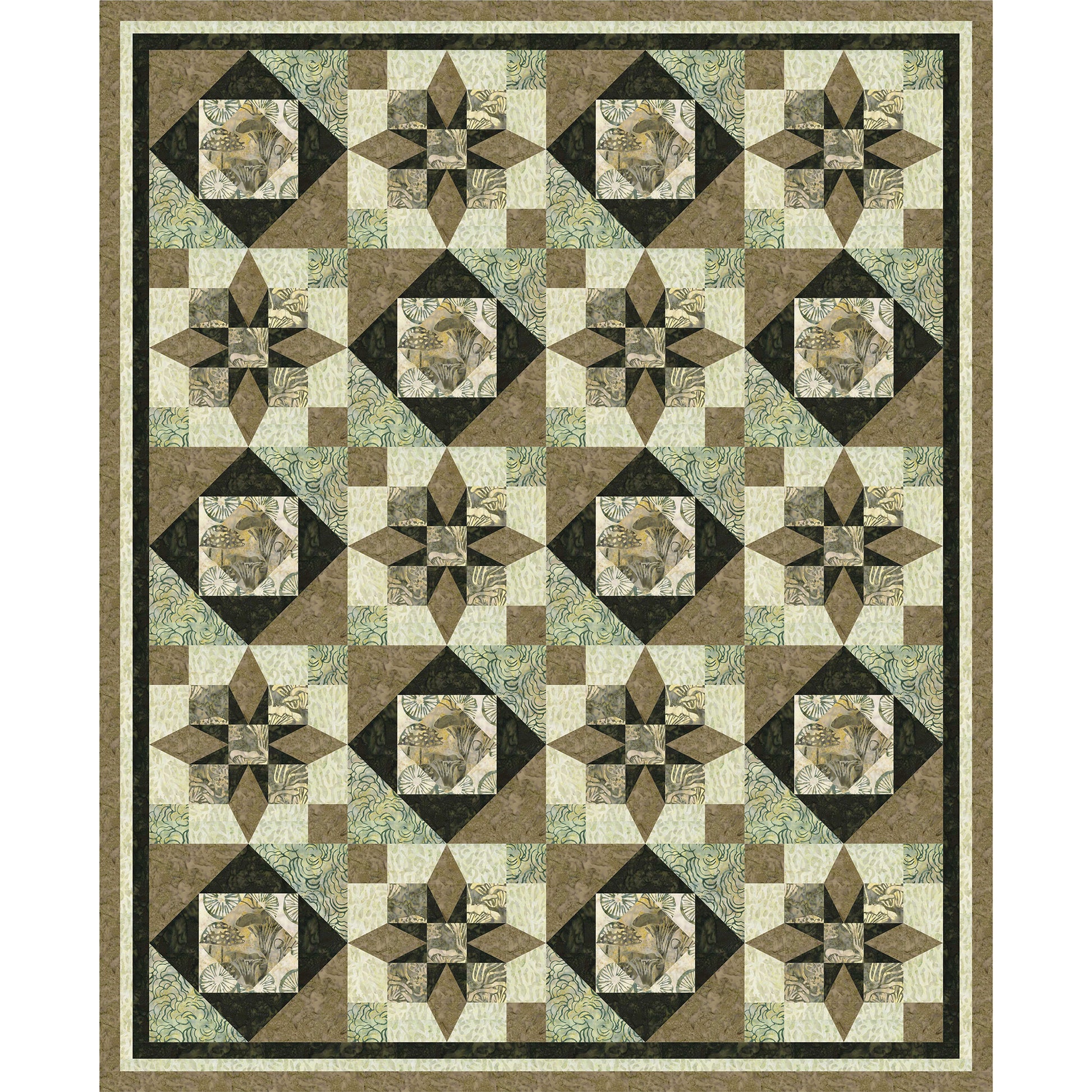 A uniquely striking quilt using two star designs together in a block shown in shades of brown.