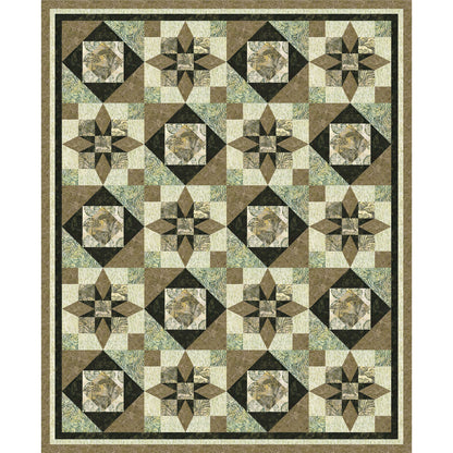 A uniquely striking quilt using two star designs together in a block shown in shades of brown.