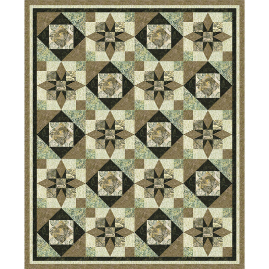 A uniquely striking quilt using two star designs together in a block shown in shades of brown.