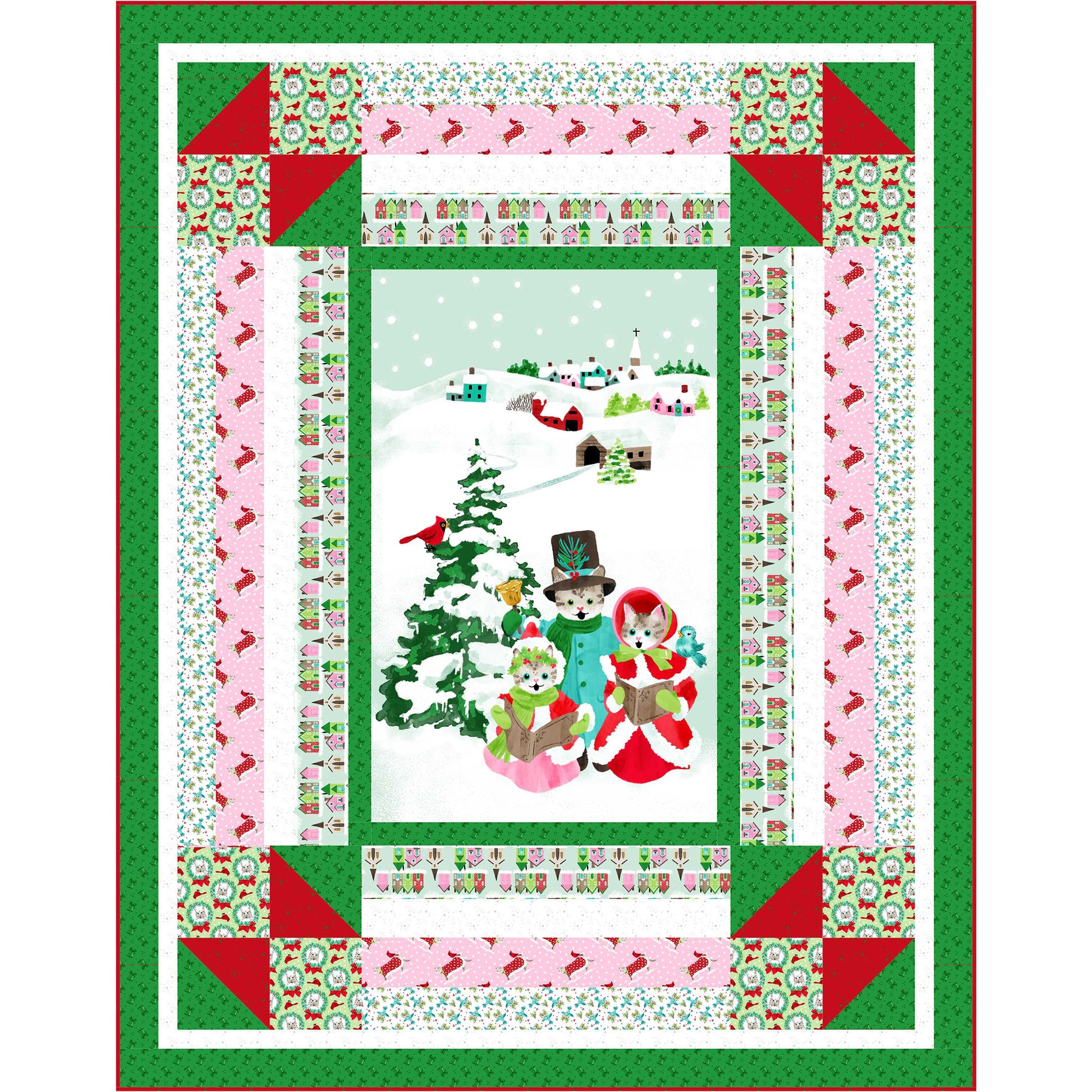 Joyful Meows quilt features cats singing Christmas Carols in the Snow. Multiple borders help add interest to the quilt.