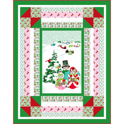 Joyful Meows quilt features cats singing Christmas Carols in the Snow. Multiple borders help add interest to the quilt.