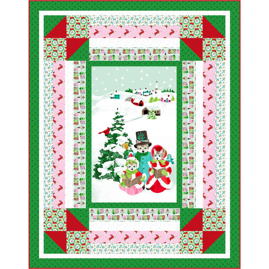 Joyful Meows quilt features cats singing Christmas Carols in the Snow. Multiple borders help add interest to the quilt.