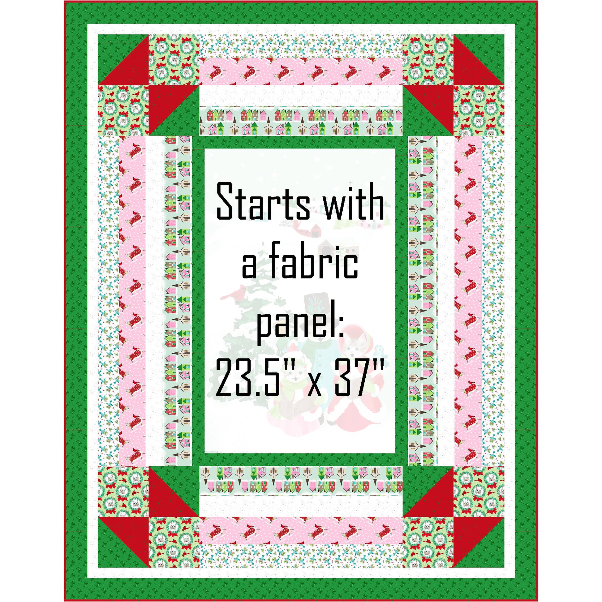 Joyful Meows quilt features cats singing Christmas Carols in the Snow. Multiple borders help add interest to the quilt. Middle, where the panel is put, is shaded to show where you can add your own panel with a size of 23 1/2 inches by 37 inches.