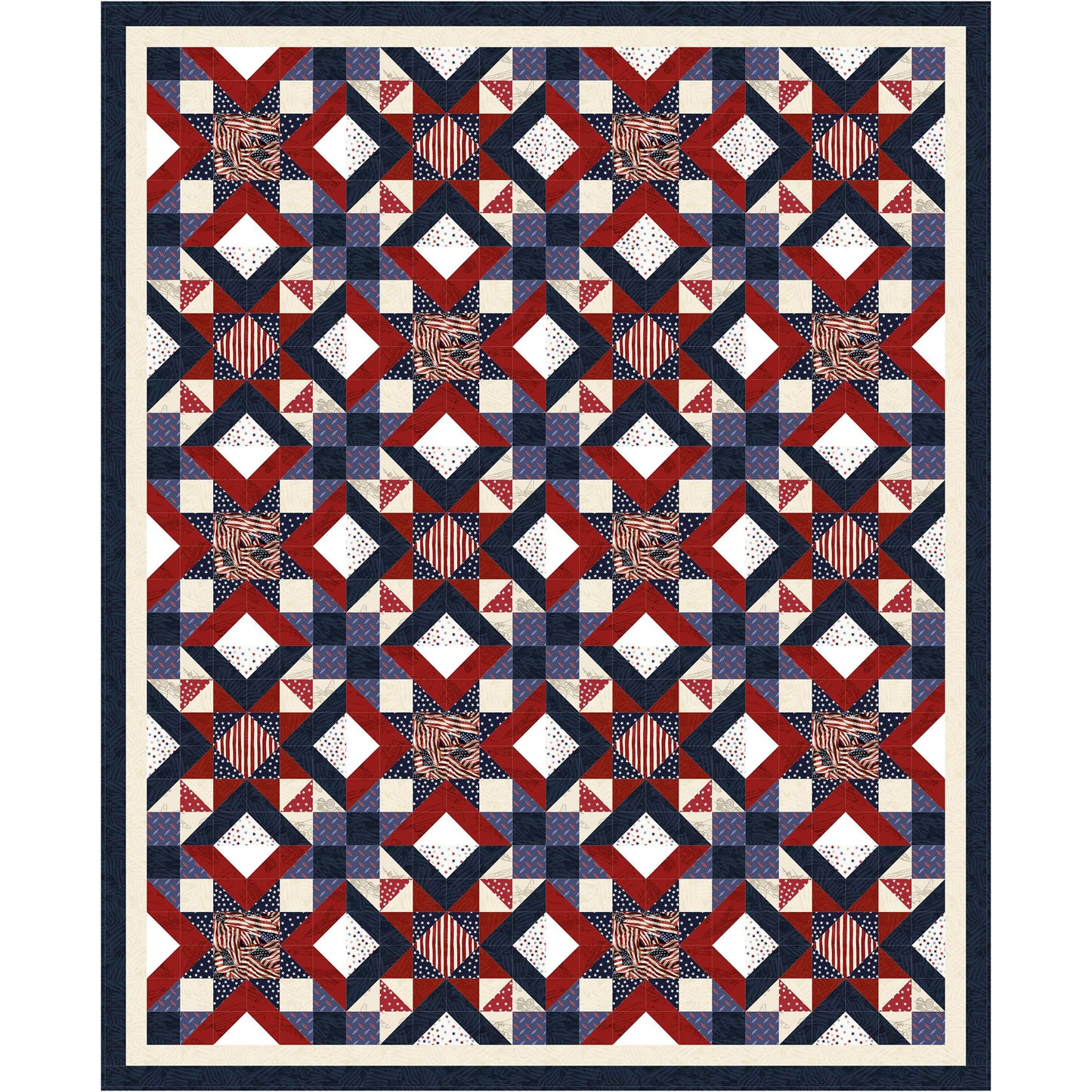 Threads of Independence quilt features flashes of the American Flag displayed in a lovely design.  Diamonds of Red, White, and blue and four patch included in this design.