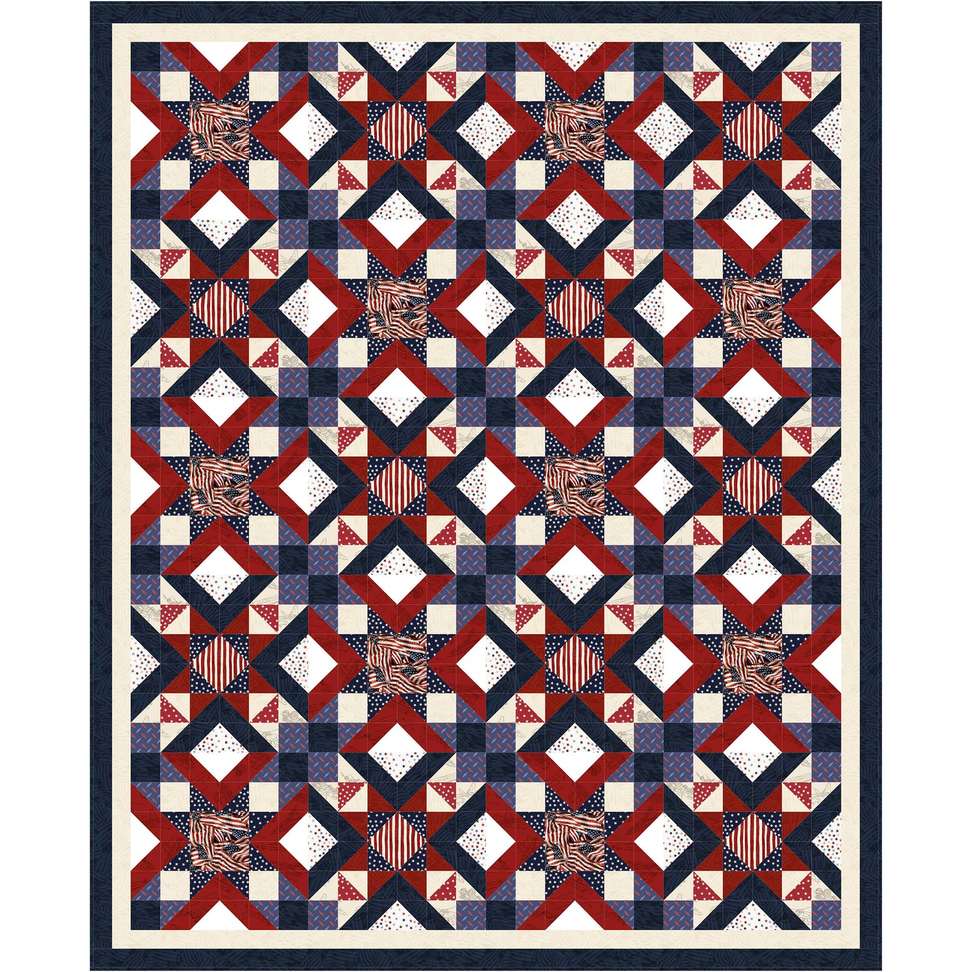 Threads of Independence quilt features flashes of the American Flag displayed in a lovely design.  Diamonds of Red, White, and blue and four patch included in this design.