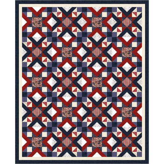 Threads of Independence quilt features flashes of the American Flag displayed in a lovely design.  Diamonds of Red, White, and blue and four patch included in this design.