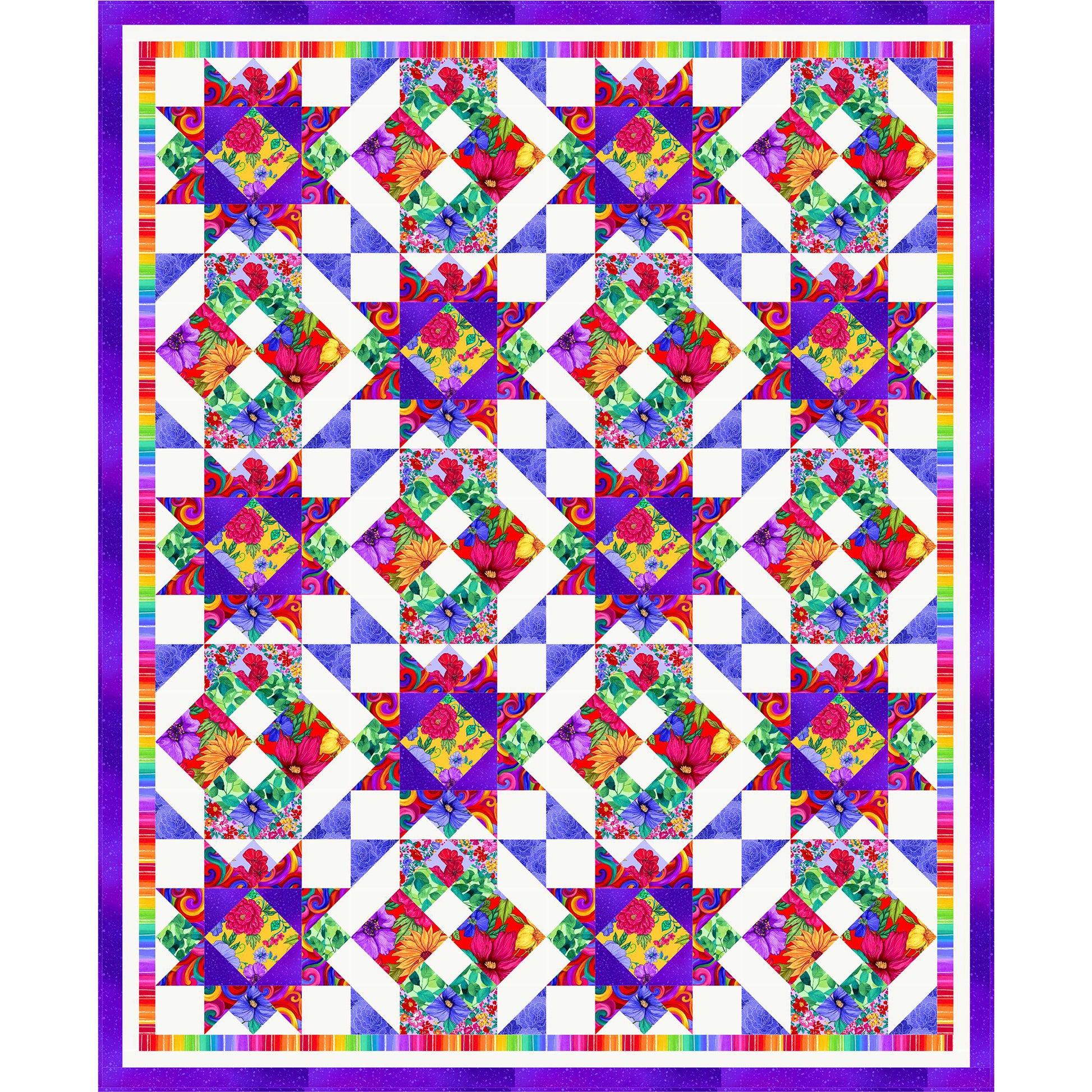 May Flowers quilt is a bright and lively quilt filled with all sorts of lovely flowers and colors. Two blocks with floral prints make it bright and fun.