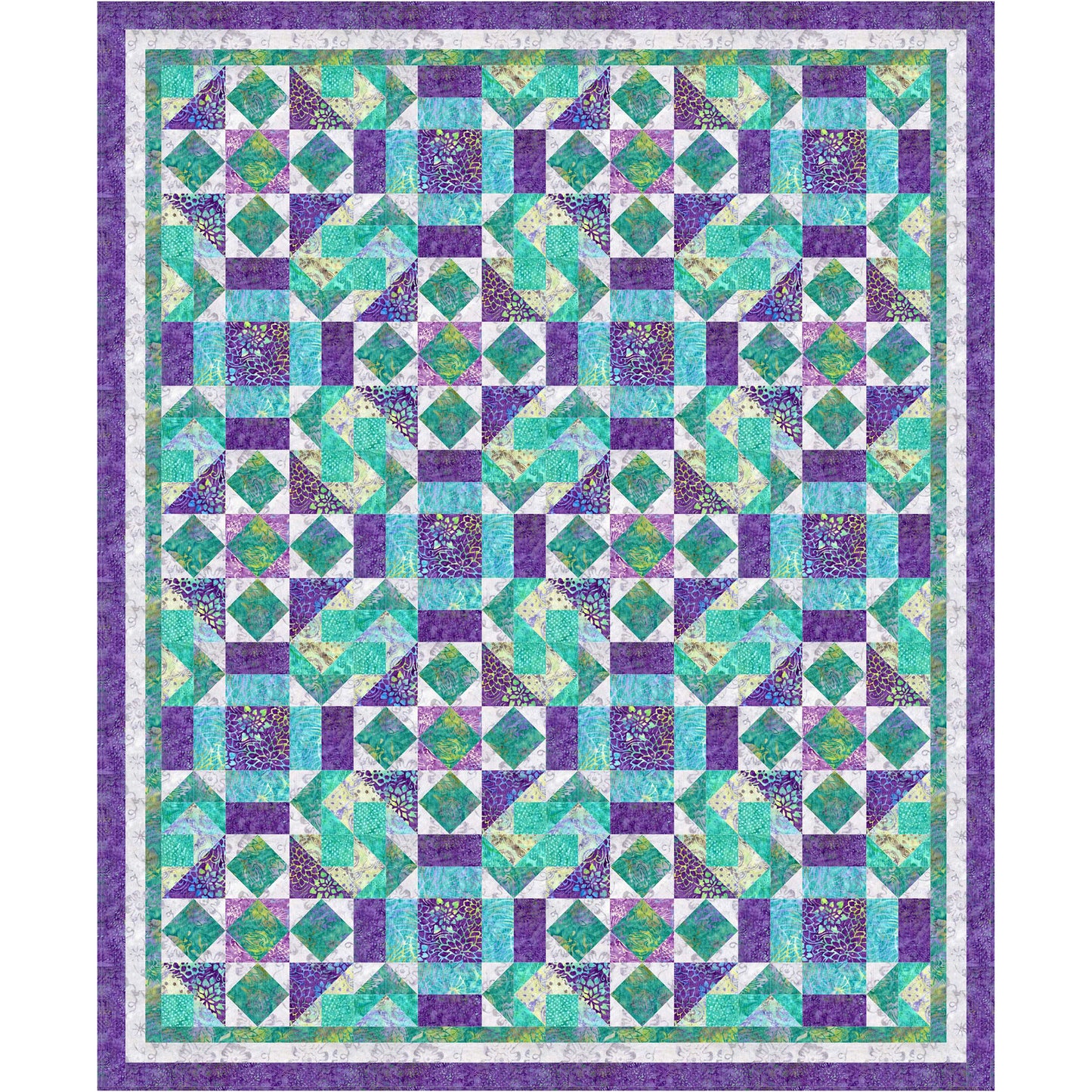Emerald Delights quilt is a dreamy quilt with emerald, blue, teal and purple fabrics.