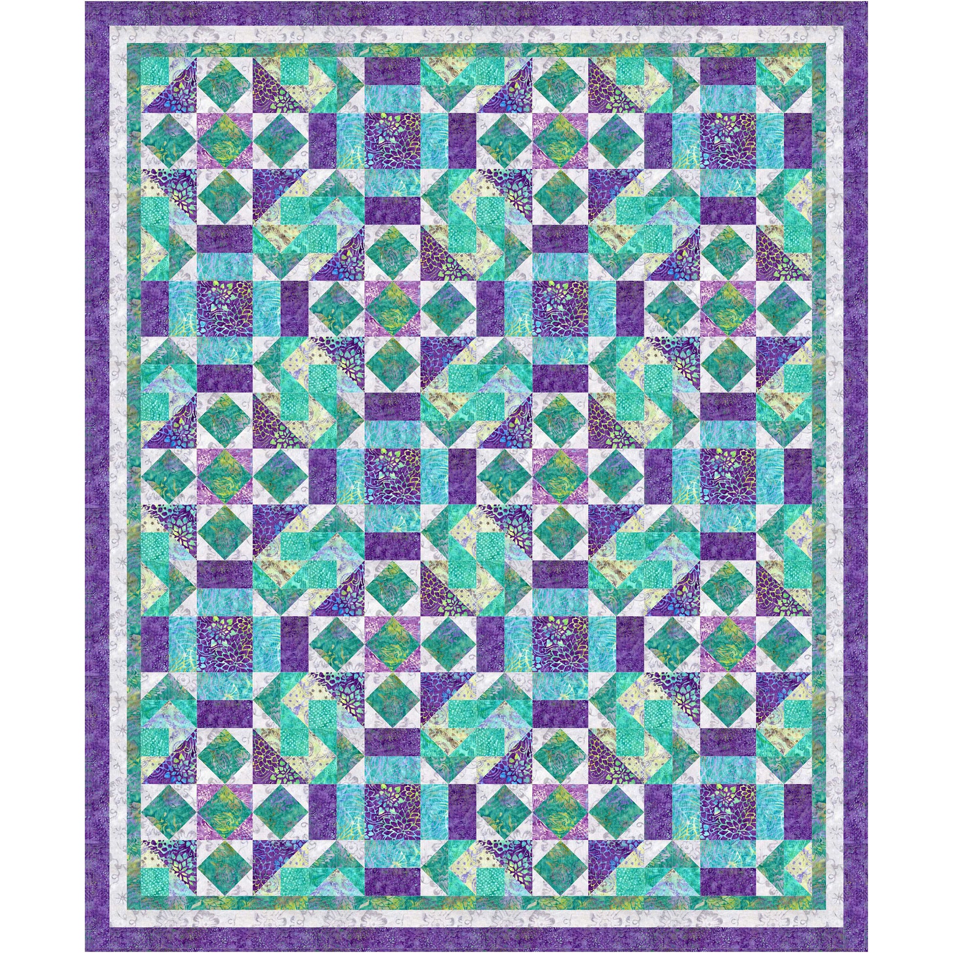 Emerald Delights quilt is a dreamy quilt with emerald, blue, teal and purple fabrics.