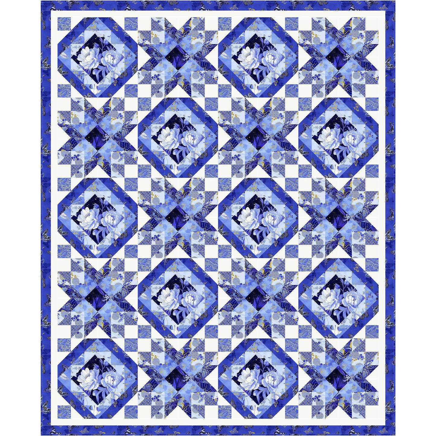 Fabulous Blues shining through various Moonlight Beams in this beautiful quilt. Two blocks: one is an on-point/diamond inside each other and the other is a star.