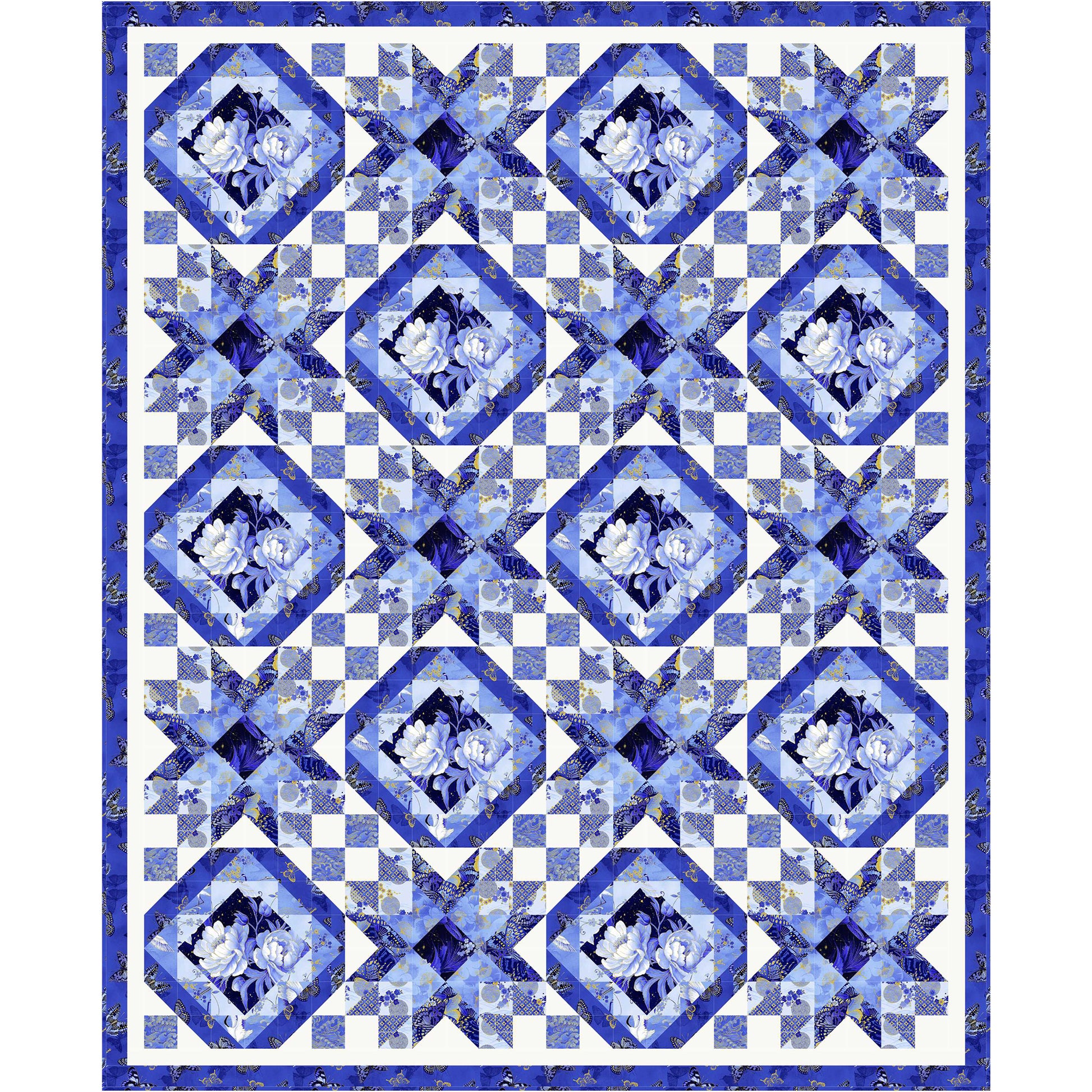 Fabulous Blues shining through various Moonlight Beams in this beautiful quilt. Two blocks: one is an on-point/diamond inside each other and the other is a star.