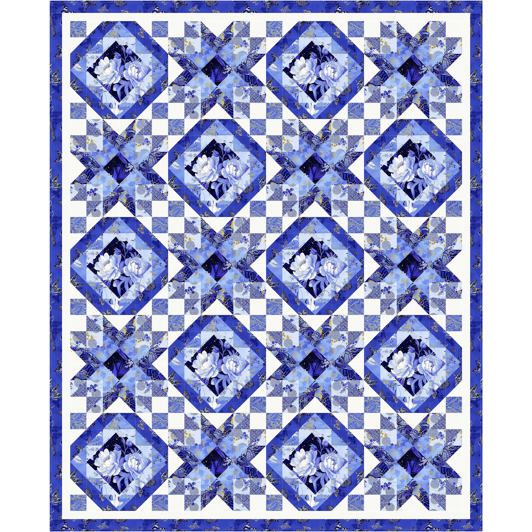 Fabulous Blues shining through various Moonlight Beams in this beautiful quilt. Two blocks: one is an on-point/diamond inside each other and the other is a star.