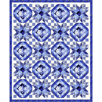 Fabulous Blues shining through various Moonlight Beams in this beautiful quilt. Two blocks: one is an on-point/diamond inside each other and the other is a star.