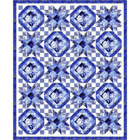 Fabulous Blues shining through various Moonlight Beams in this beautiful quilt. Two blocks: one is an on-point/diamond inside each other and the other is a star.