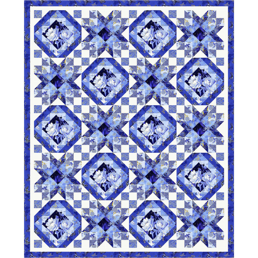 Fabulous Blues shining through various Moonlight Beams in this beautiful quilt. Two blocks: one is an on-point/diamond inside each other and the other is a star.