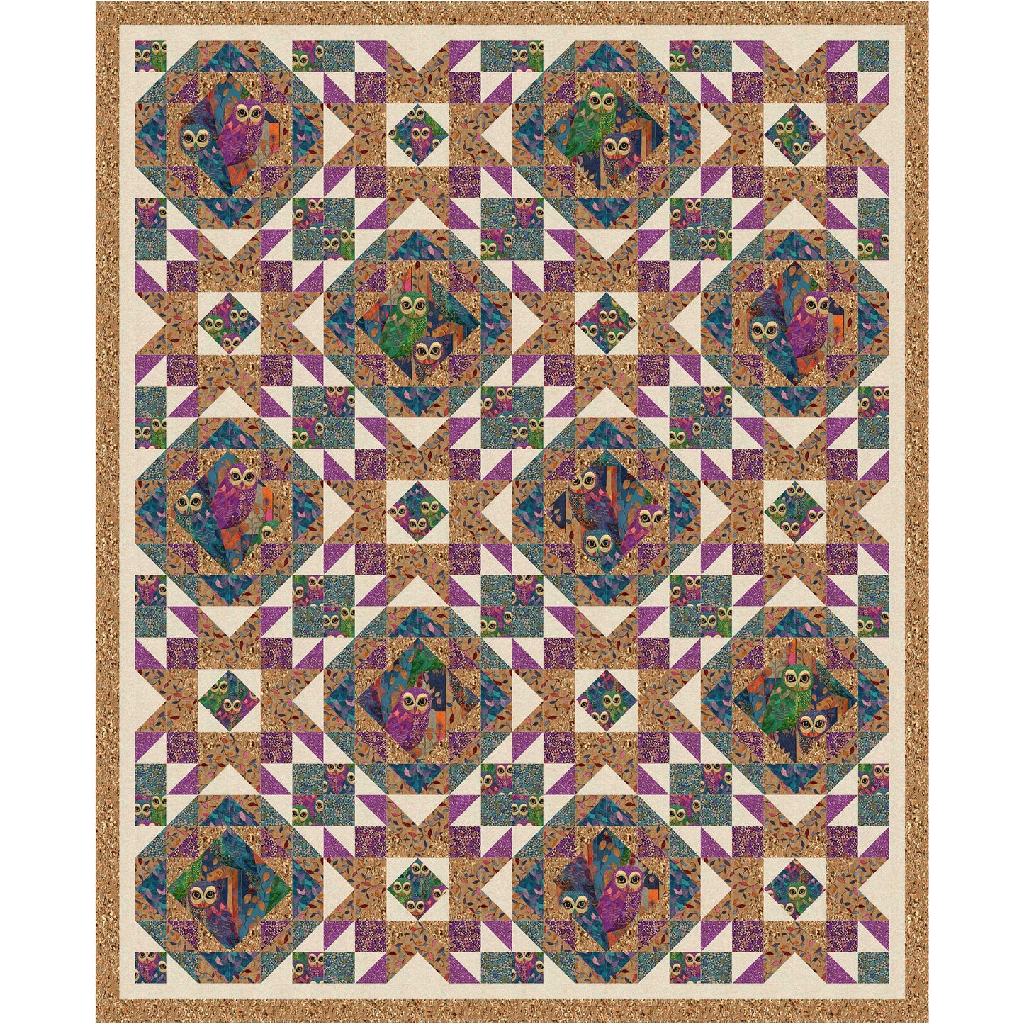 Everyone loves owls and these are just too cute in this quilt. Owl fabric in diamonds and squares of this two block quilt.