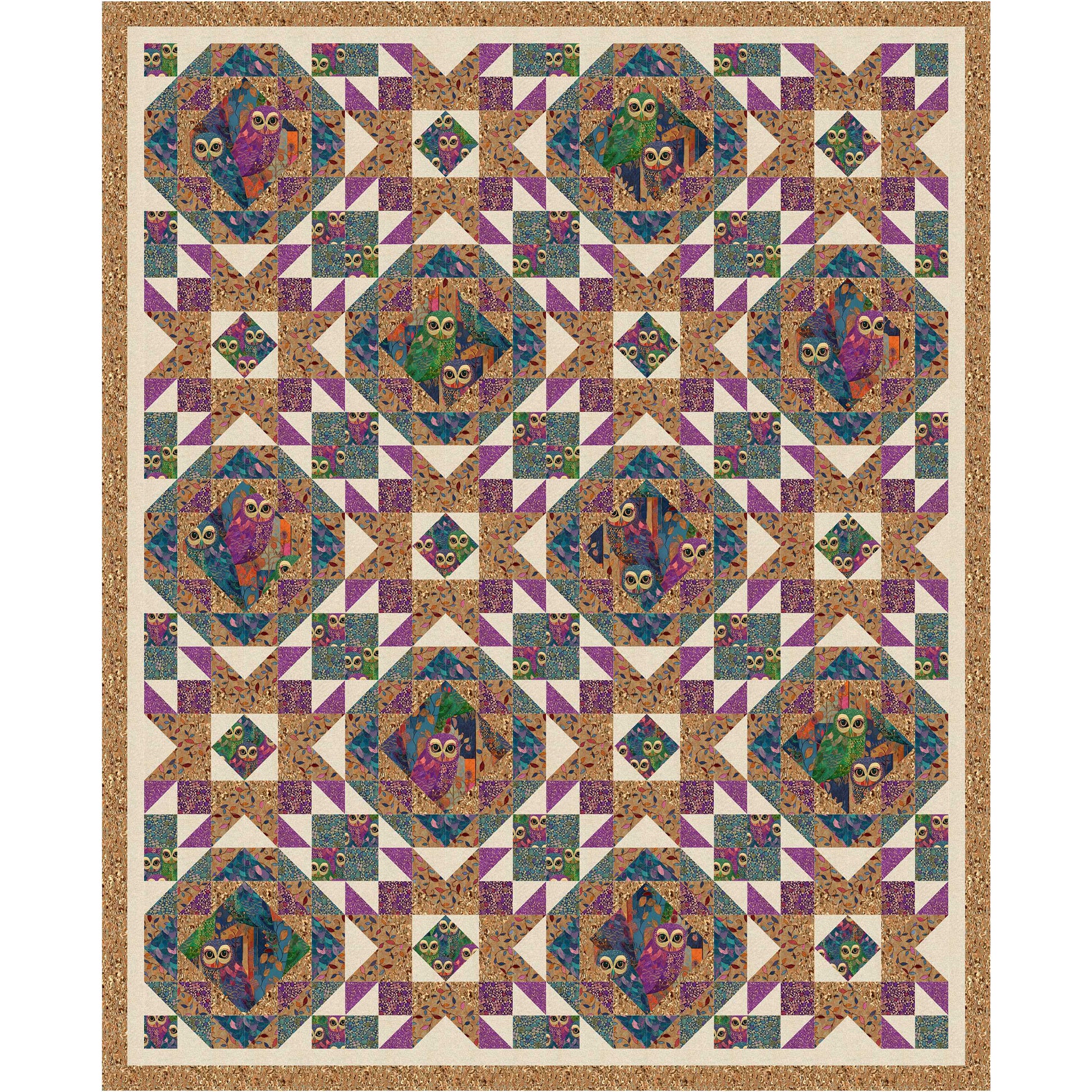 Everyone loves owls and these are just too cute in this quilt. Owl fabric in diamonds and squares of this two block quilt.