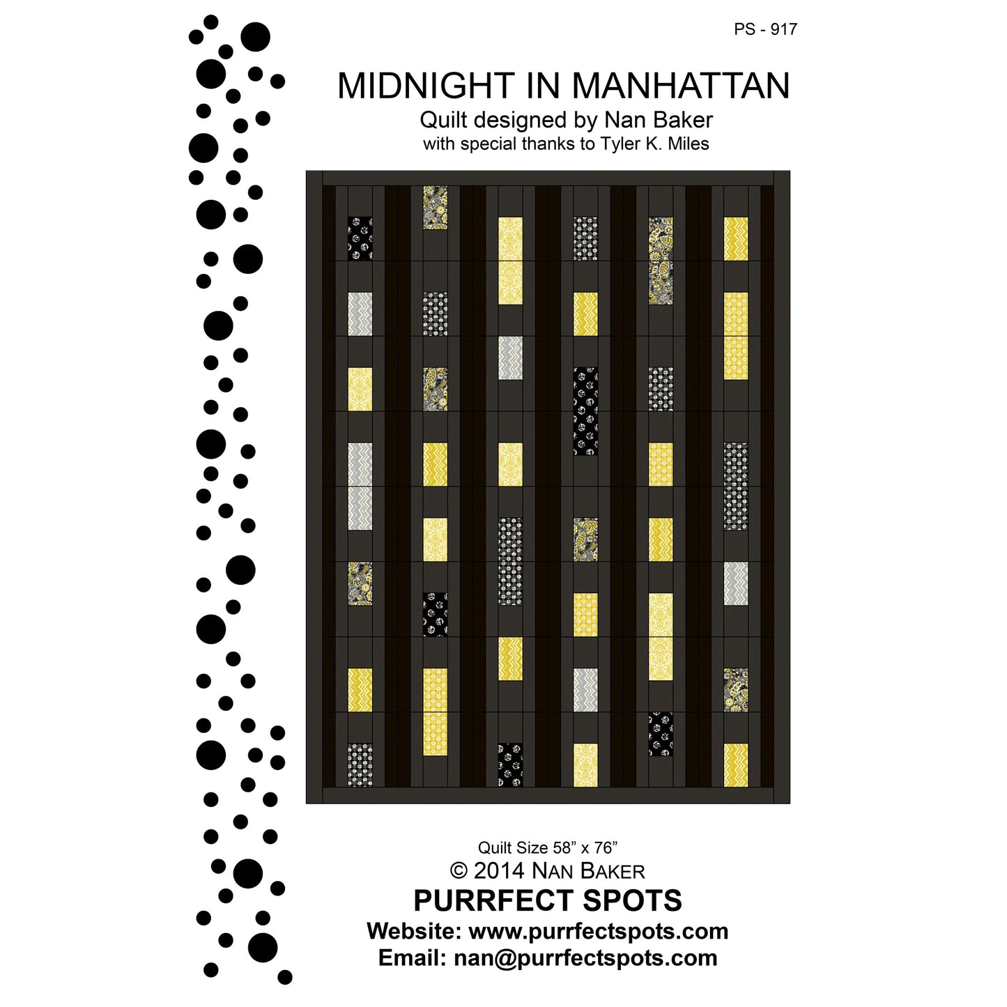 Quilt design titled 'Midnight in Manhattan' by Nan Baker with black and yellow pattern on a white background.