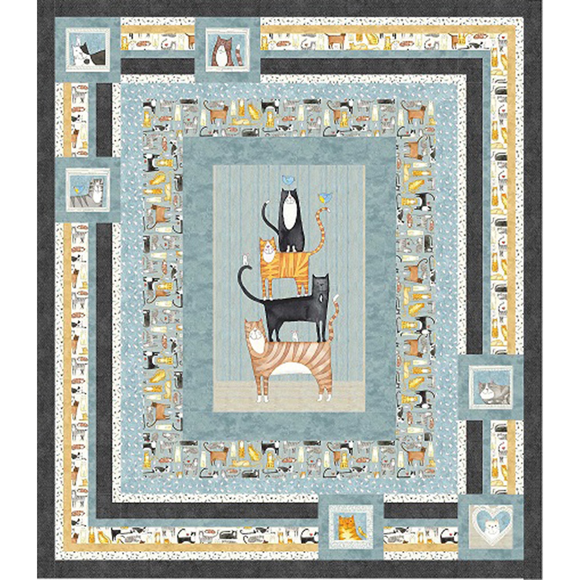 Quilt for love of our cat furry friends has stacked cats in the middle .