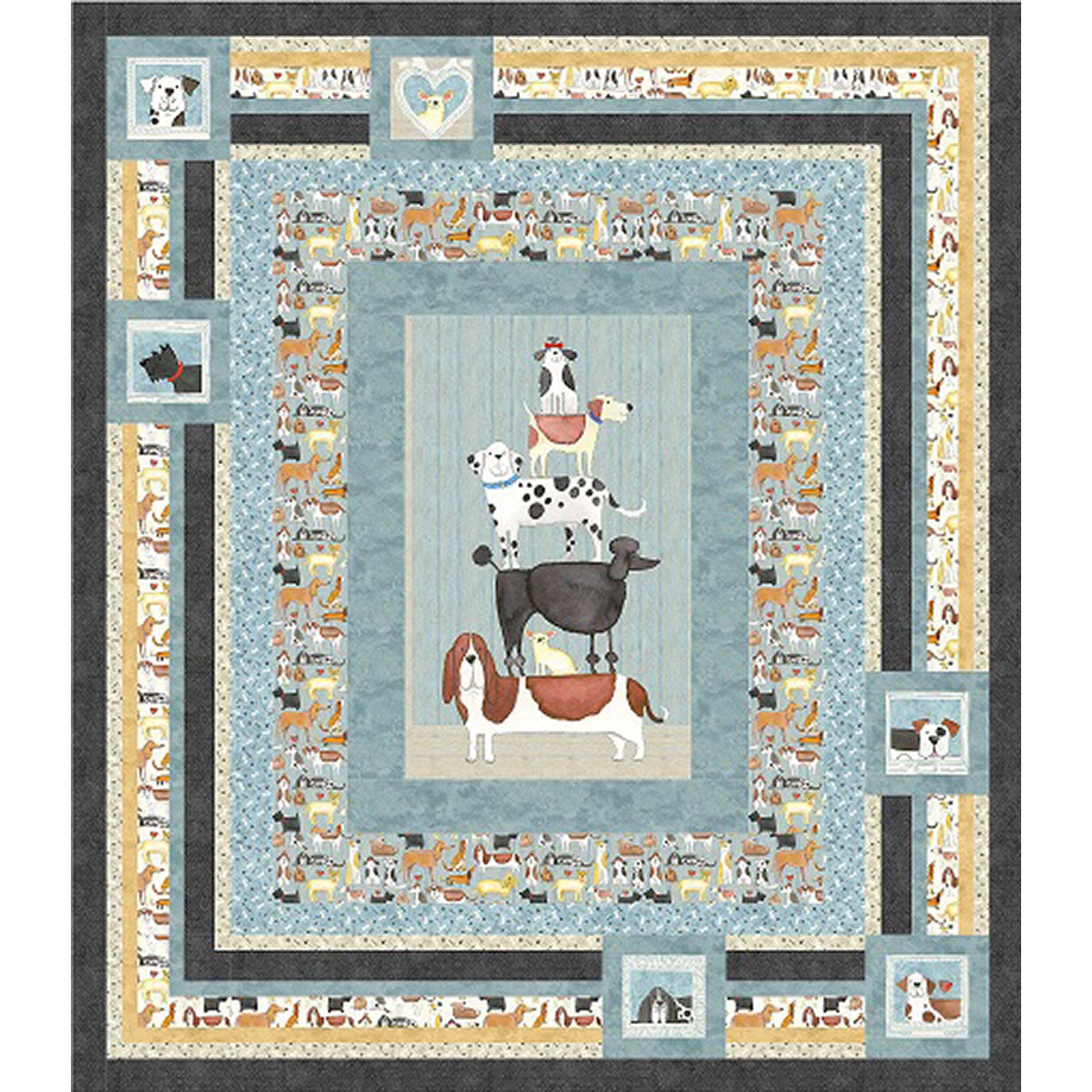 Quilt for love of our dog furry friends has stacked dogs in the middle.