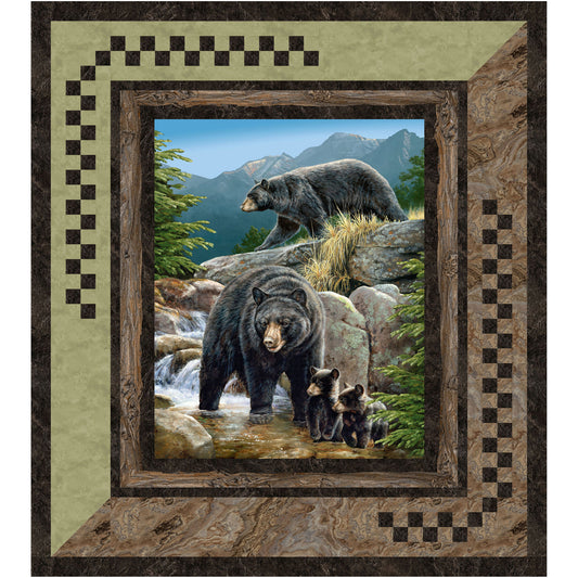 Quilt features a family of bears in a mountain area with trees and a stream. There is a simple border to let the image of the bears pop.