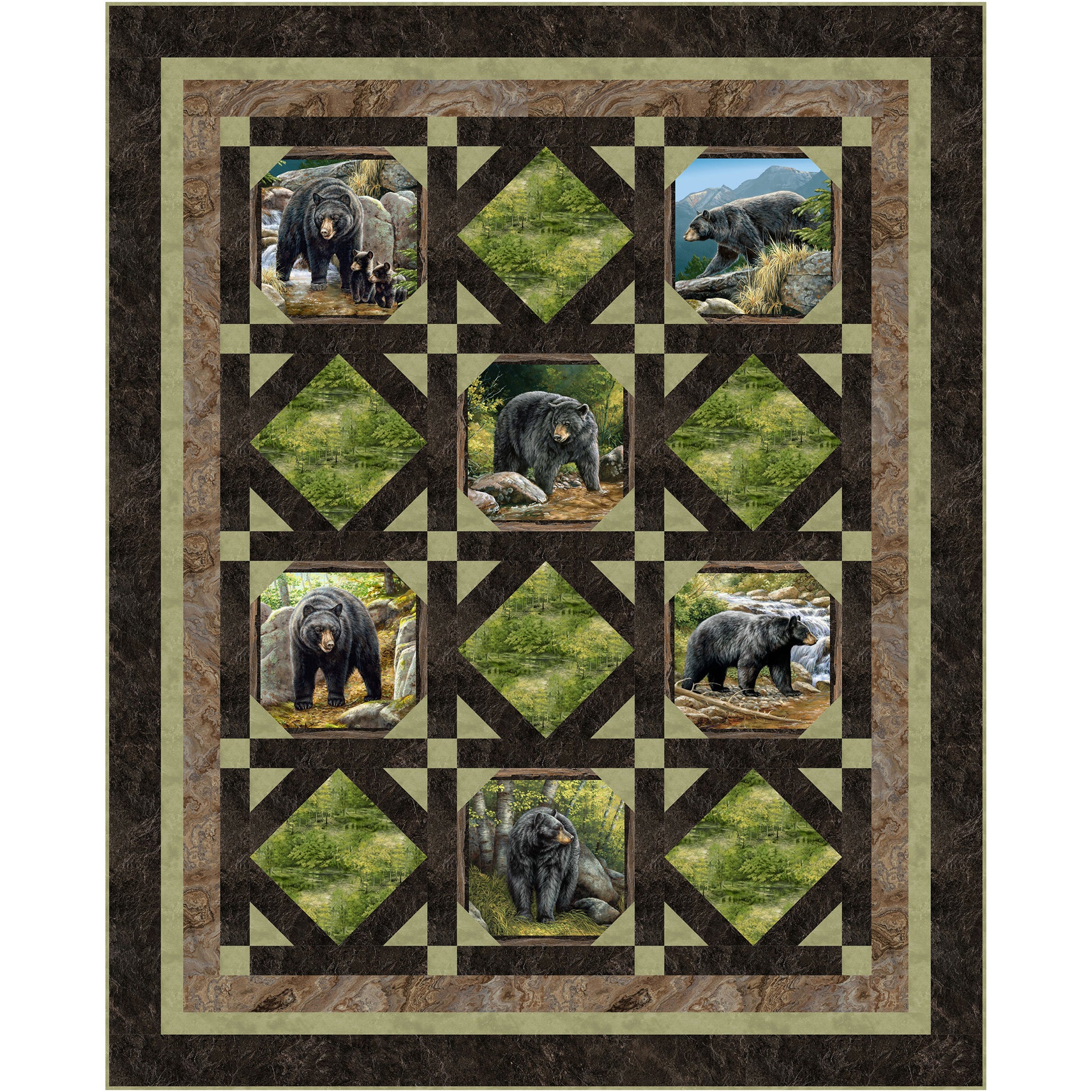 Quilt features blocks of bears in the woods and diamonds of grass and trees.