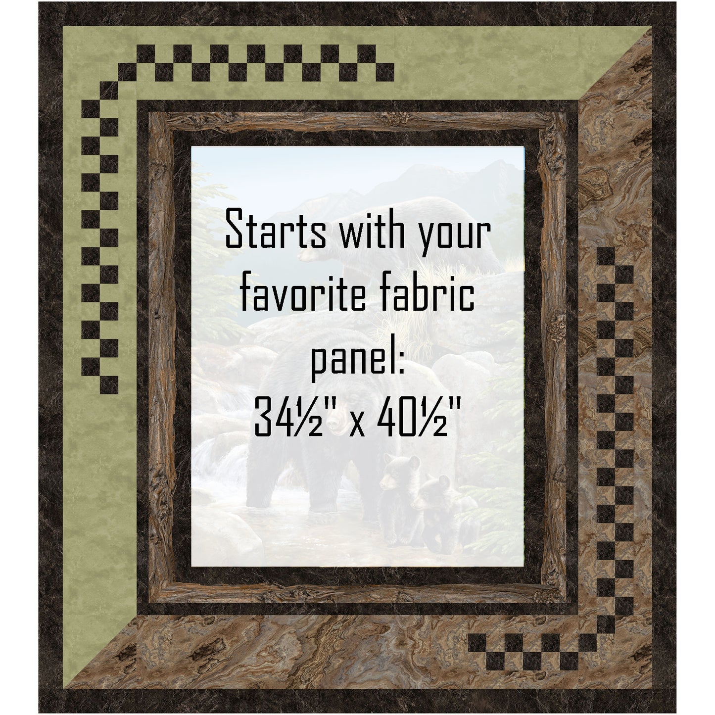 Quilt features a family of bears in a mountain area with trees and a stream. There is a simple border to let the image of the bears pop. Where the bear family would be was made white to show where you can add your own panel. Panel size is 34 and a half inches by 40 and a half inches.