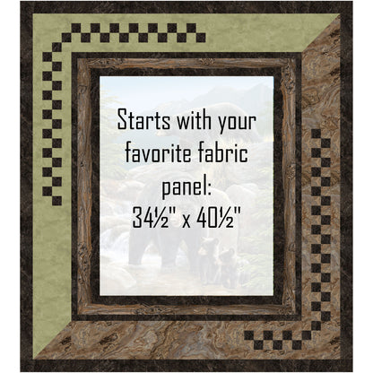 Quilt features a family of bears in a mountain area with trees and a stream. There is a simple border to let the image of the bears pop. Where the bear family would be was made white to show where you can add your own panel. Panel size is 34 and a half inches by 40 and a half inches.