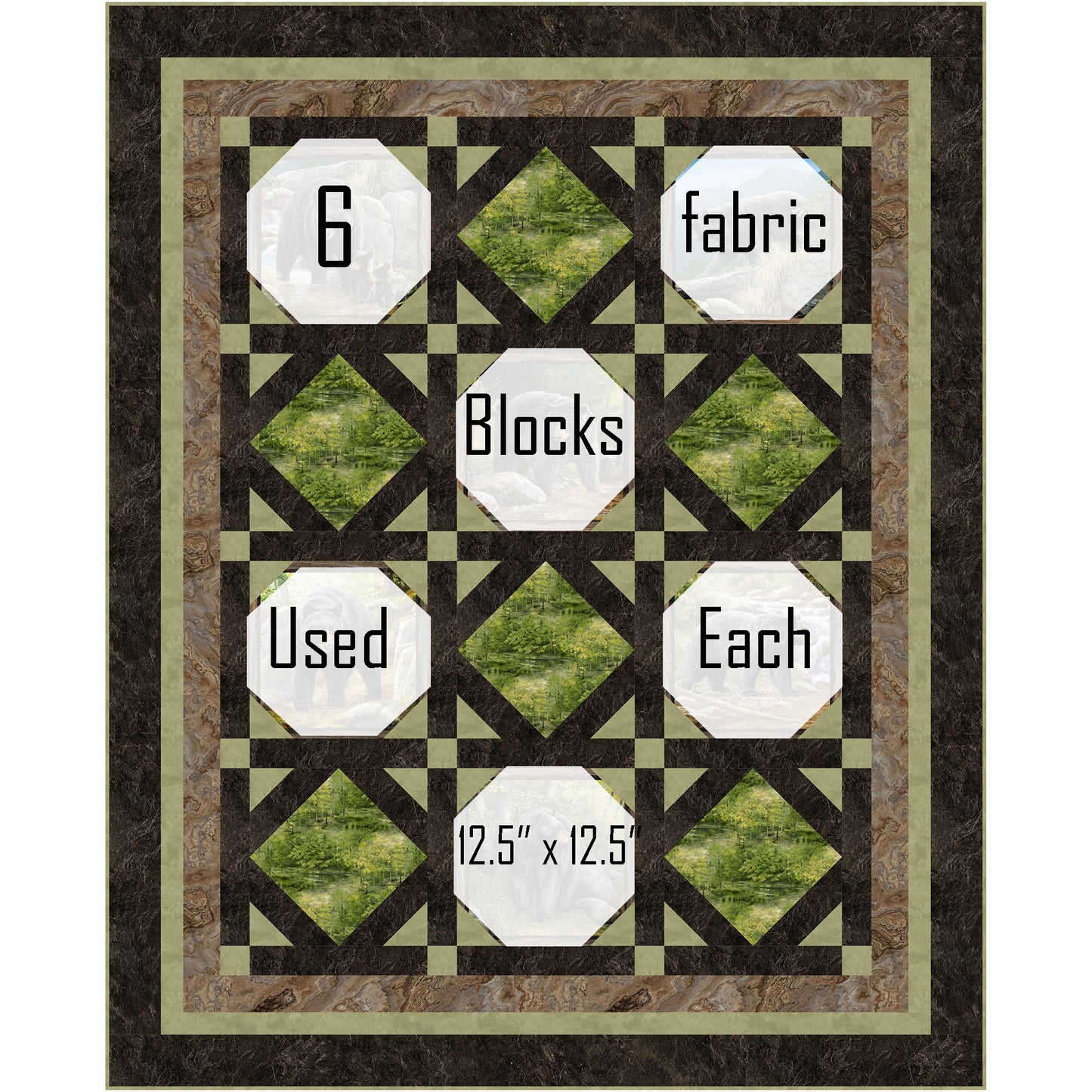 Quilt features blocks of bears in the woods and diamonds of grass and trees. Where the bear blocks would be used, there is white to show where the six fabric blocks would go so you can see how this quilt would look with different fabrics. Each block is 12 and a half inches squared.
