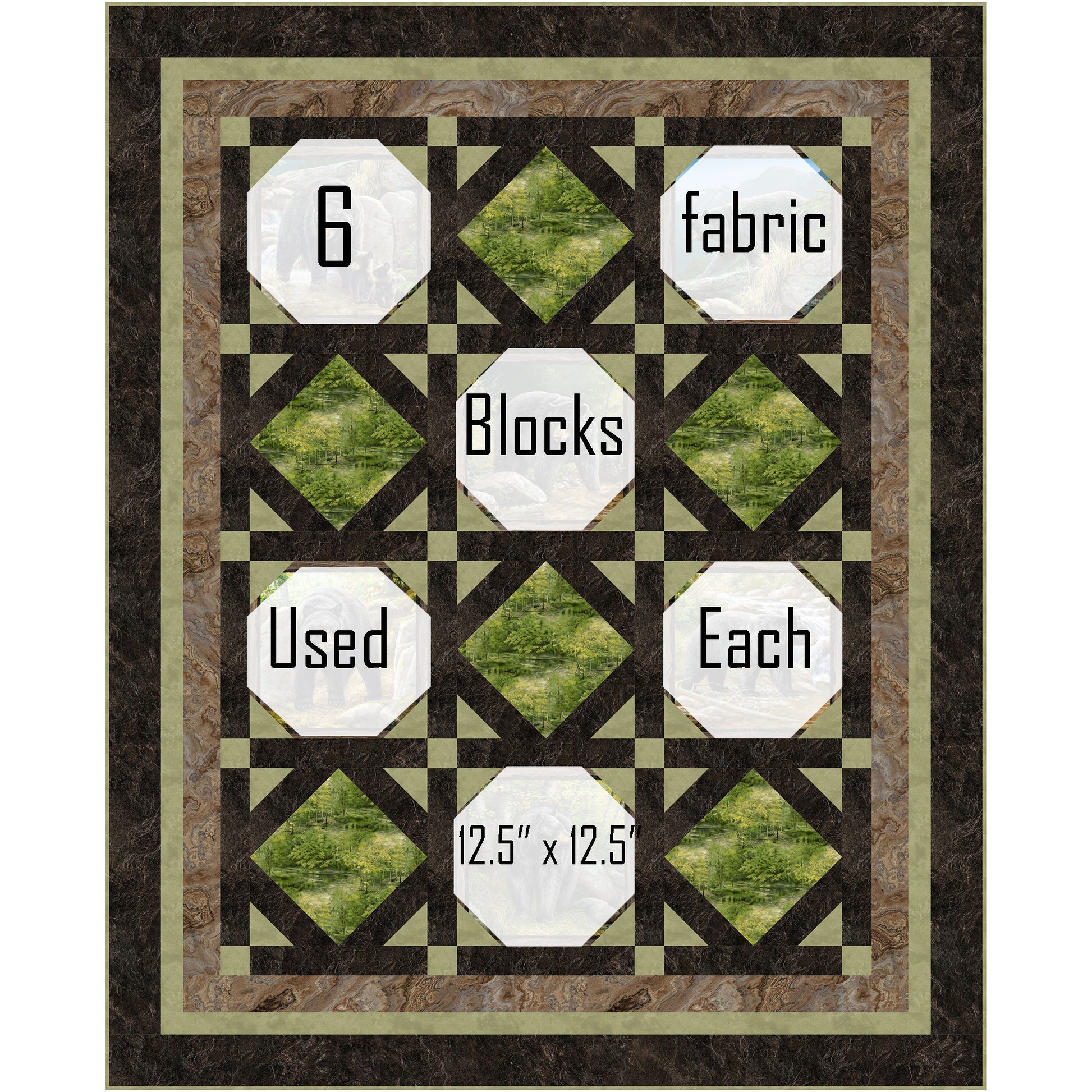 Quilt features blocks of bears in the woods and diamonds of grass and trees. Where the bear blocks would be used, there is white to show where the six fabric blocks would go so you can see how this quilt would look with different fabrics. Each block is 12 and a half inches squared.