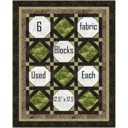 Quilt features blocks of bears in the woods and diamonds of grass and trees. Where the bear blocks would be used, there is white to show where the six fabric blocks would go so you can see how this quilt would look with different fabrics. Each block is 12 and a half inches squared.