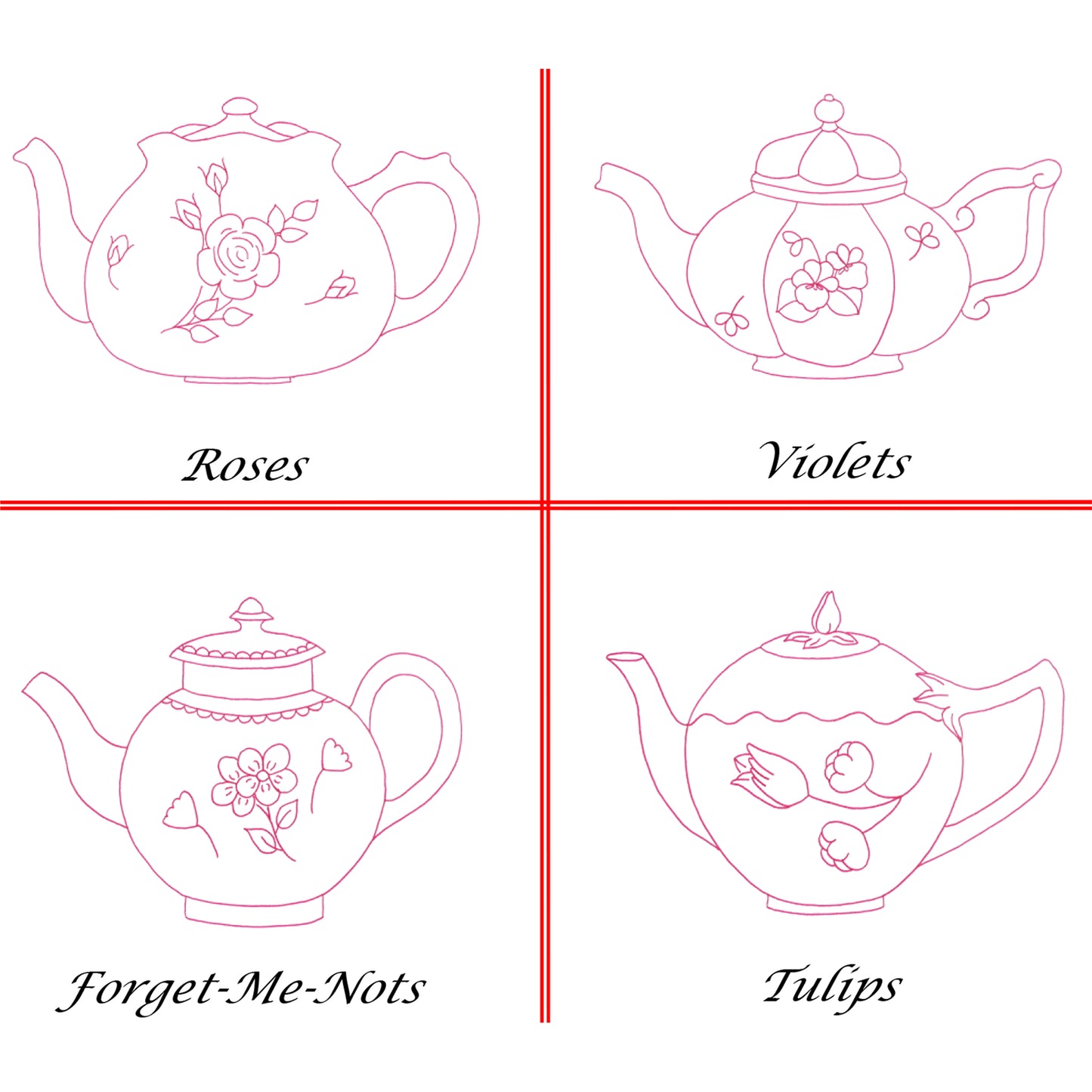 Flower Teapots Embroidery QLD-121e - Downloadable Pattern