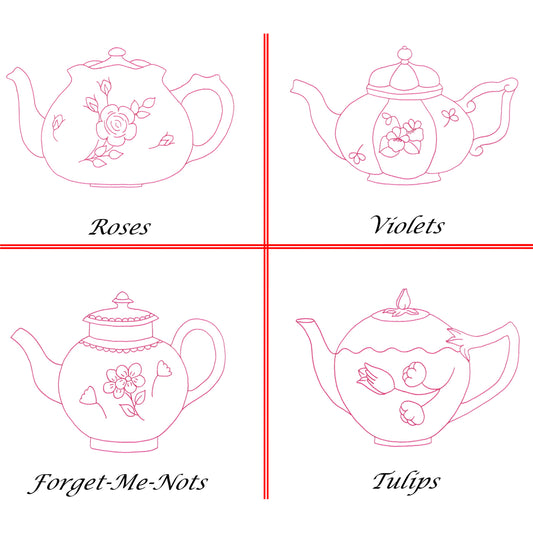 Flower Teapots Embroidery QLD-121e - Downloadable Pattern