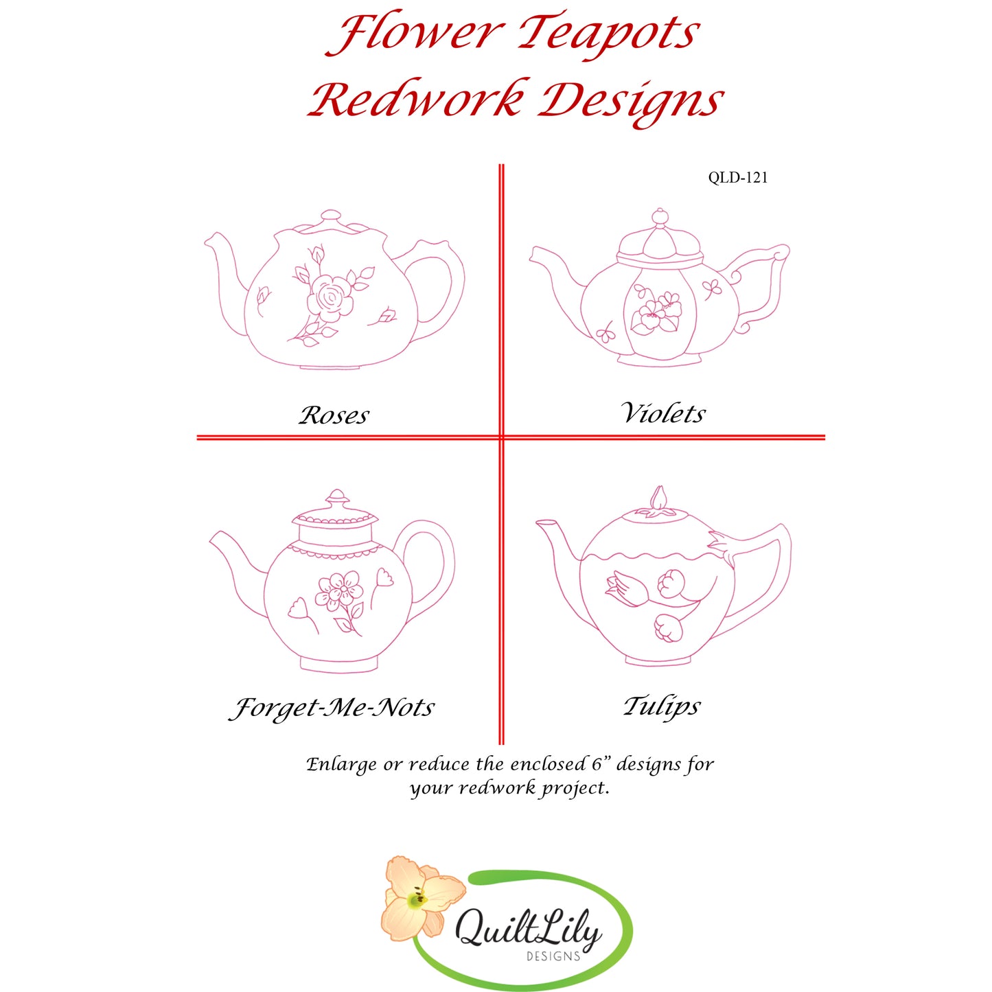 Flower Teapots Embroidery QLD-121e - Downloadable Pattern