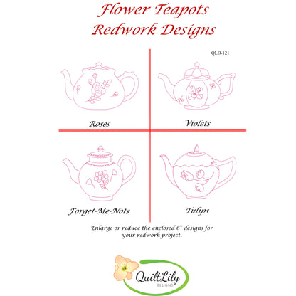 Flower Teapots Embroidery QLD-121e - Downloadable Pattern