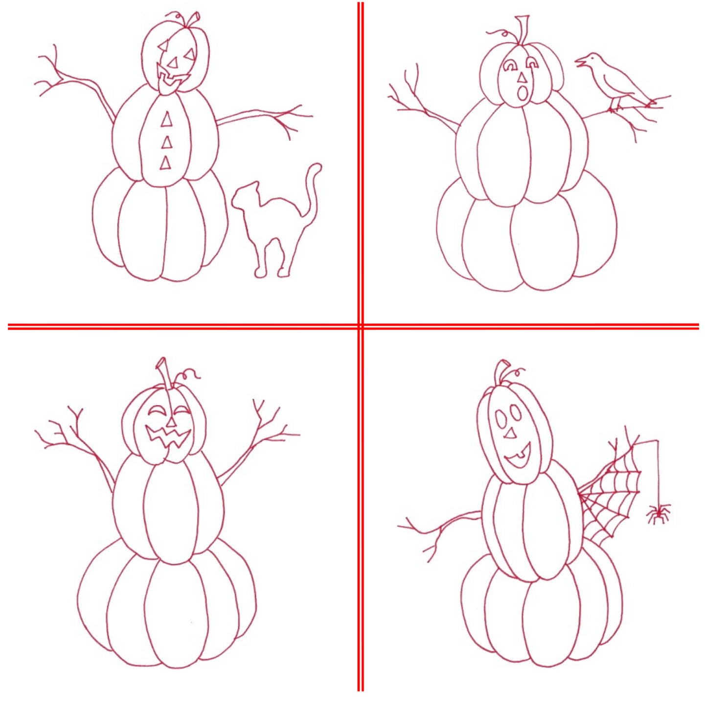 Adorable embroidered pumpkin/jack-o-lantern friends. Four are included outlined in red embroidery floss. One is just smiling, another has a cat friend, another has a crow friend, and the last has a spider friend.