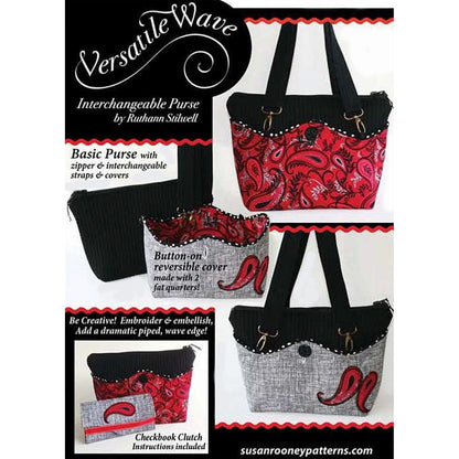 Versatile Wave is a beautiful interchangeable purse pattern. You'll love how you can change your style over and over. Pattern includes the basic purse with zipper and interchangeable strap and covers.

There is a button on reversible cover made with two fat quarters. You could make a cover to match every outfit! Then add the checkbook clutch to complete the look and stay extra organized.
