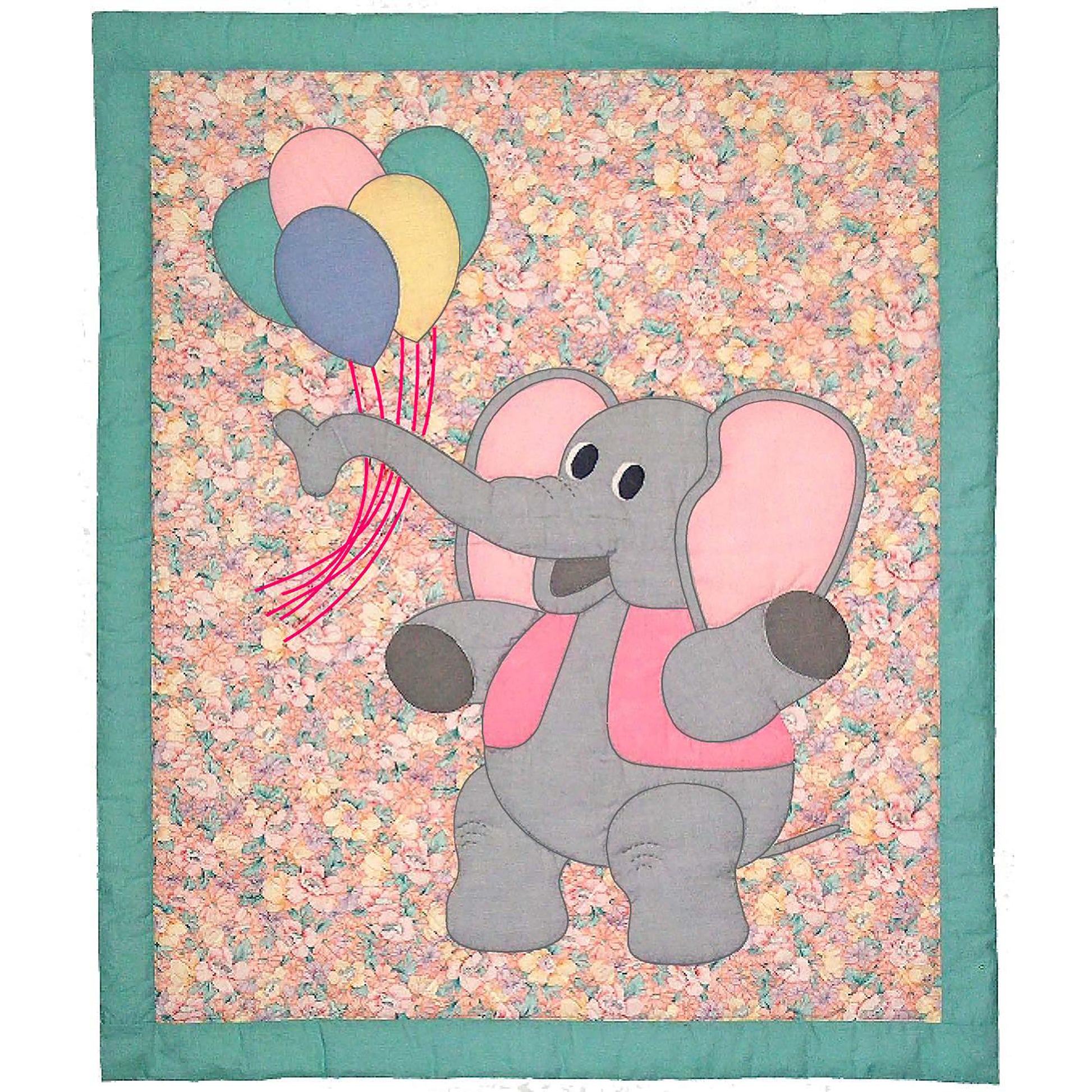 Adorable wall quilt pattern features a vested elephant holding balloons. Elephant looks happy with this nose up and the colorful balloons by his nose.