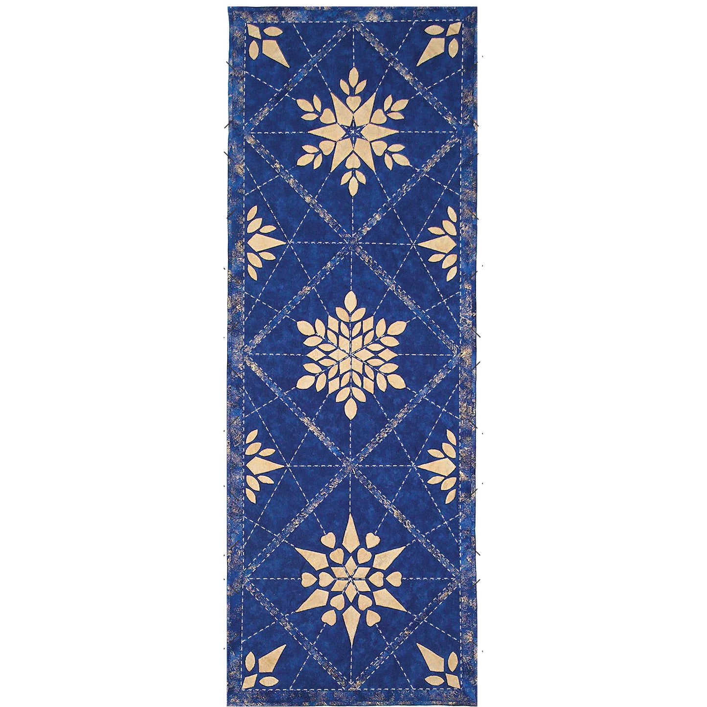 Beautiful and detailed quilted table runner with snowflakes and geometric quilt stitches. Runner is blue with three different cream snowflakes in the middle and the sides with ends of more.