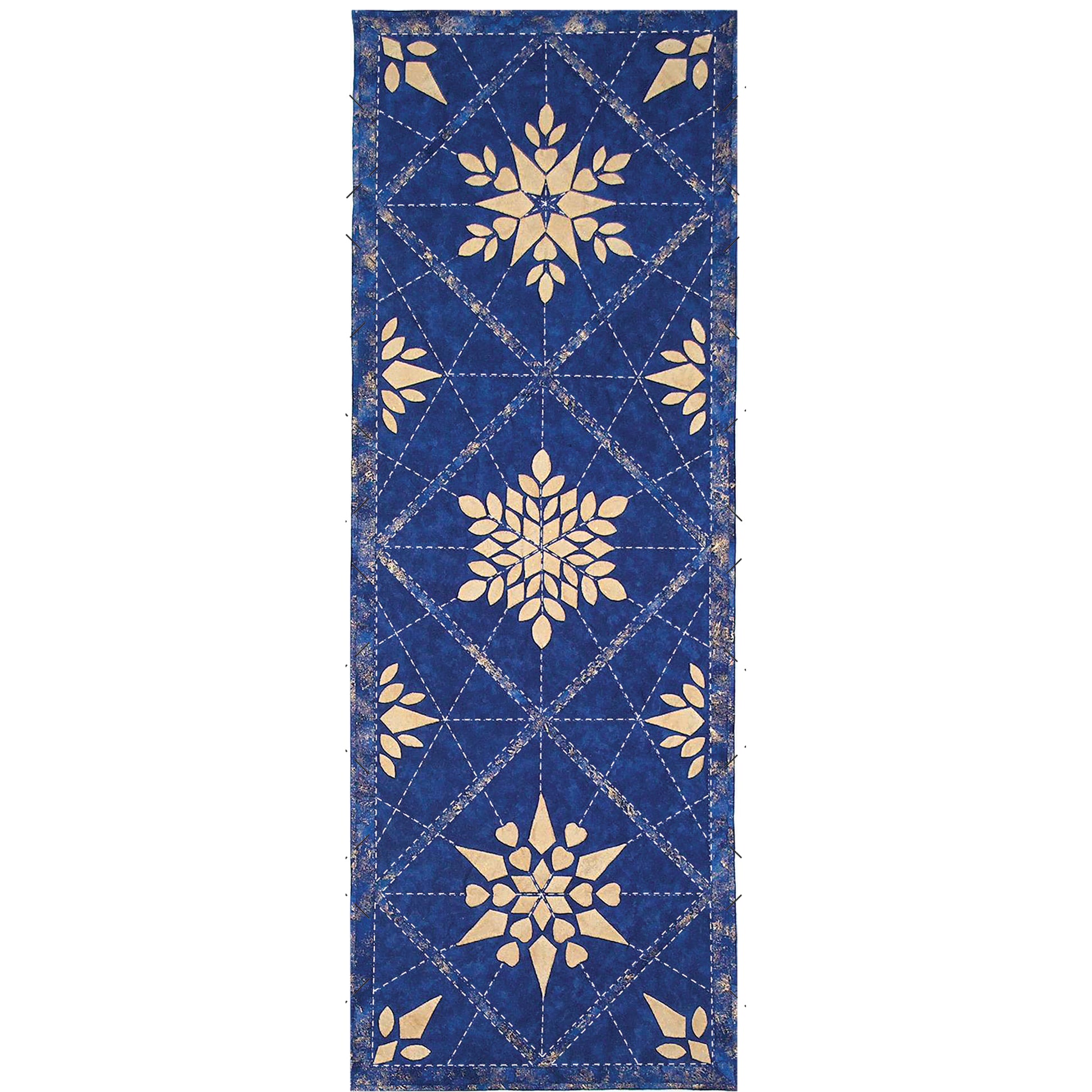 Beautiful and detailed quilted table runner with snowflakes and geometric quilt stitches. Runner is blue with three different cream snowflakes in the middle and the sides with ends of more.