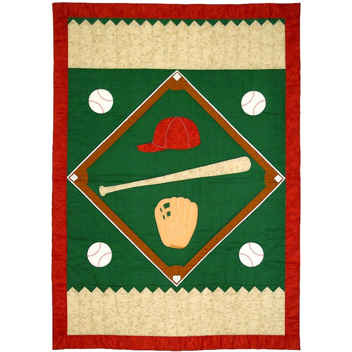 Baseball quilt features a baseball diamond including bases. In the middle is a hat, bat, and glove. On the four sides of the diamond are baseballs. On the top and bottom is a fence design. Perfect quilt for all the baseball lovers.