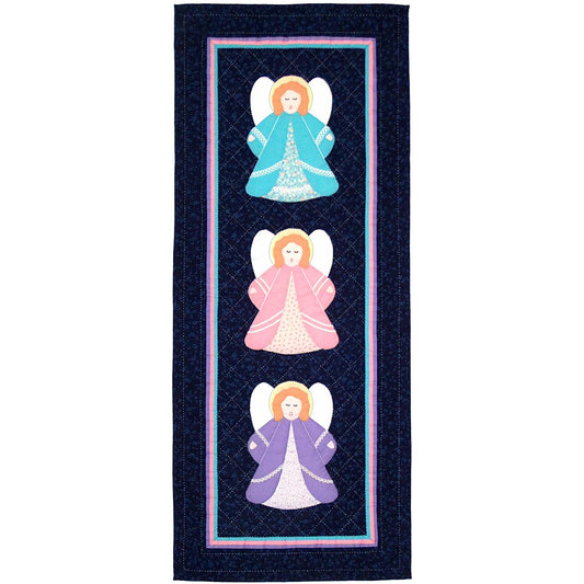 Lovely wall hanging with three colorful angels down the middle. Each as a pastel colored dress with beautiful details, and white wings.