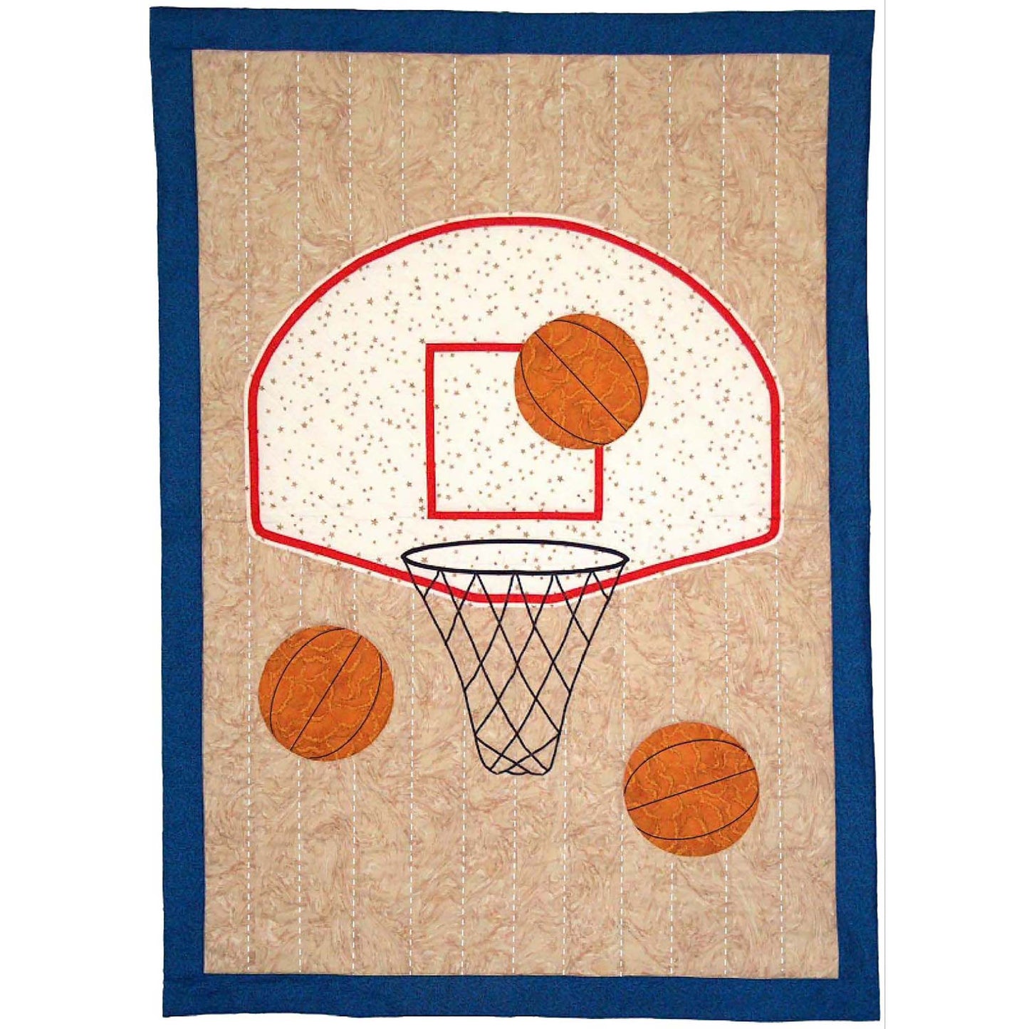 Basketball quilt features the backboard with net and three baskets trying to make a basket. Perfect for all the basketball fans and players.