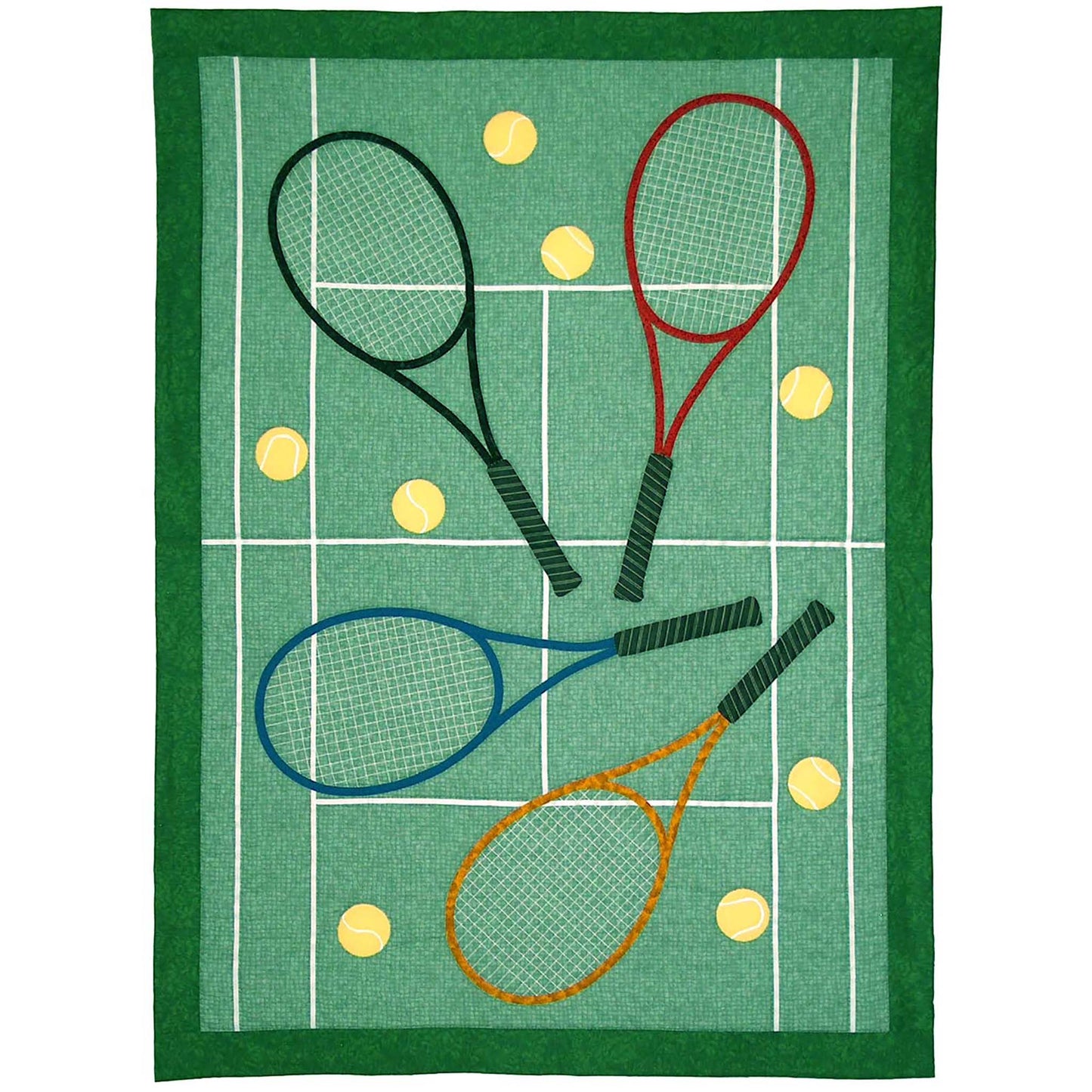 Tennis court quilt has four colorful tennis rackets in the middle with eight tennis balls scattered about. Every tennis fan and player will love it.